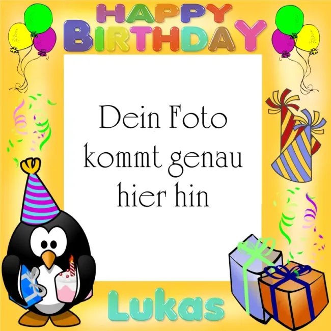 Preview: Kinder-Tortenaufleger Rahmen mit süßem Pinguin, Geschenken & Luftballons